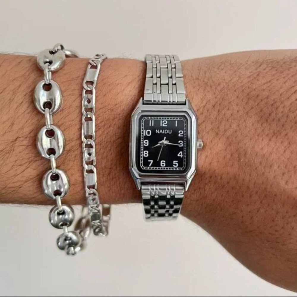 2000s vintage style cute black rectangle stainless steel quartz watch